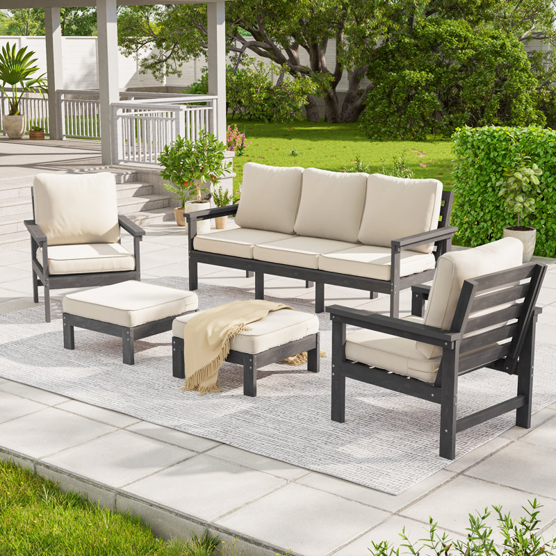 5 PCS Heavy-Duty HIPS Outdoor Sofa Set with Ergonomic Design & 3-in-1 Ottoman, Patio Furniture Set with Fade Resistant and Thickened Cushions for Patio, Yard, Garden