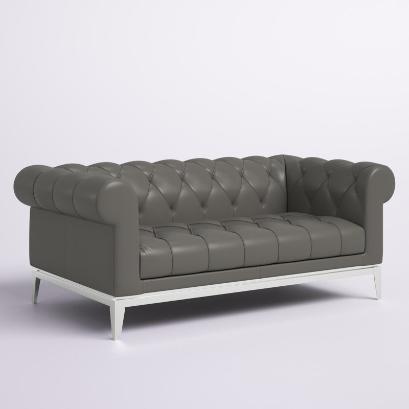 Idyll Tufted Button Upholstered Leather Chesterfield Loveseat, Gray Genuine Leather