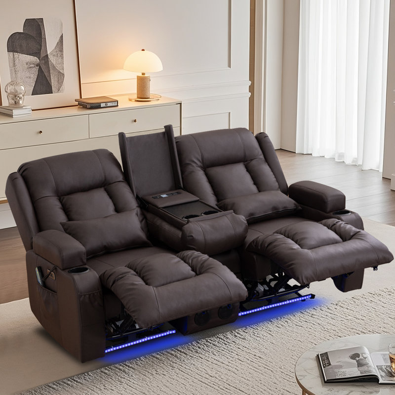 Power Reclining Sofa With Heat And Massage, Bluetooth Speakers And LED Lights, 3 Seater Dual Recliner Sofa With USB Ports And Cup Holders