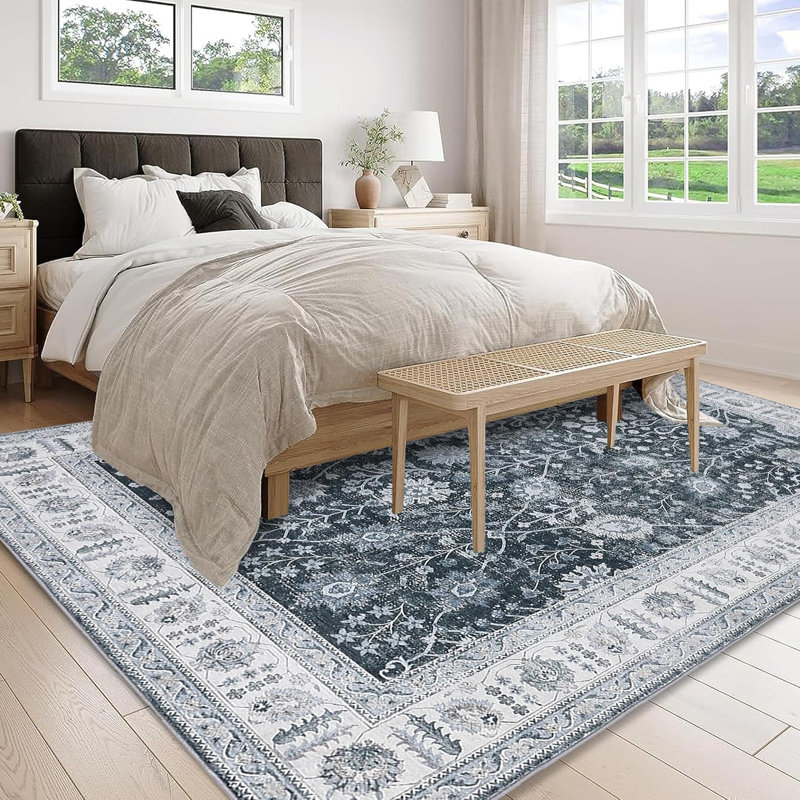 Vintage Floral Medallion Runner Rug - Machine Washable Waterproof Soft Faux Wool Non-Slip Low Pile Kid & Pet Friendly Décor (Black)