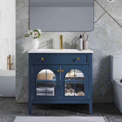 Meuble-lavabo de salle de bain 35,6 po Mid-Century avec verre à motif et bande lumineuse à capteur de mouvement, meuble-lavabo sur pied Farmhouse