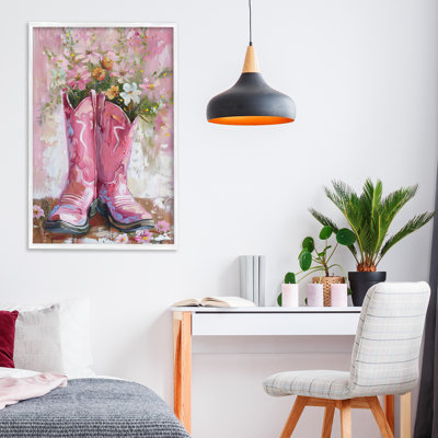 Floral Boots Pink Cowgirl Framed Giclee, design by LSR Design Studio