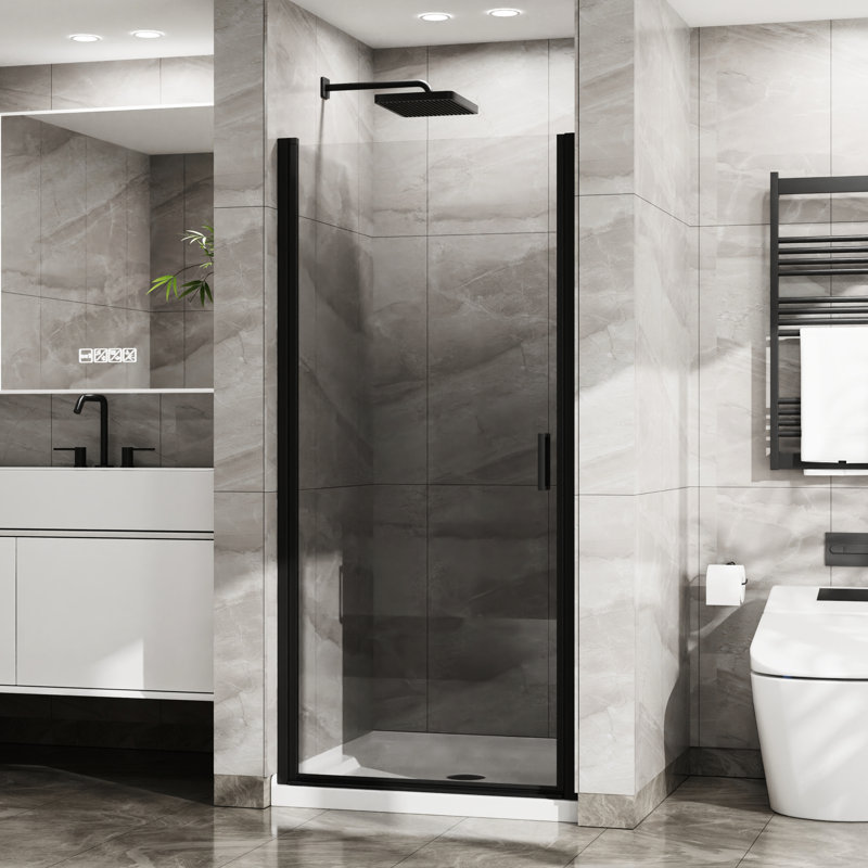 Base de douche 35,4 po avec porte pivotante de 34 po x 72 po, acrylique blanc, aluminium noir, verre trempé, 180 po, surface extérieure imperméable Ensemble de porte: base, balançoire, barrière
