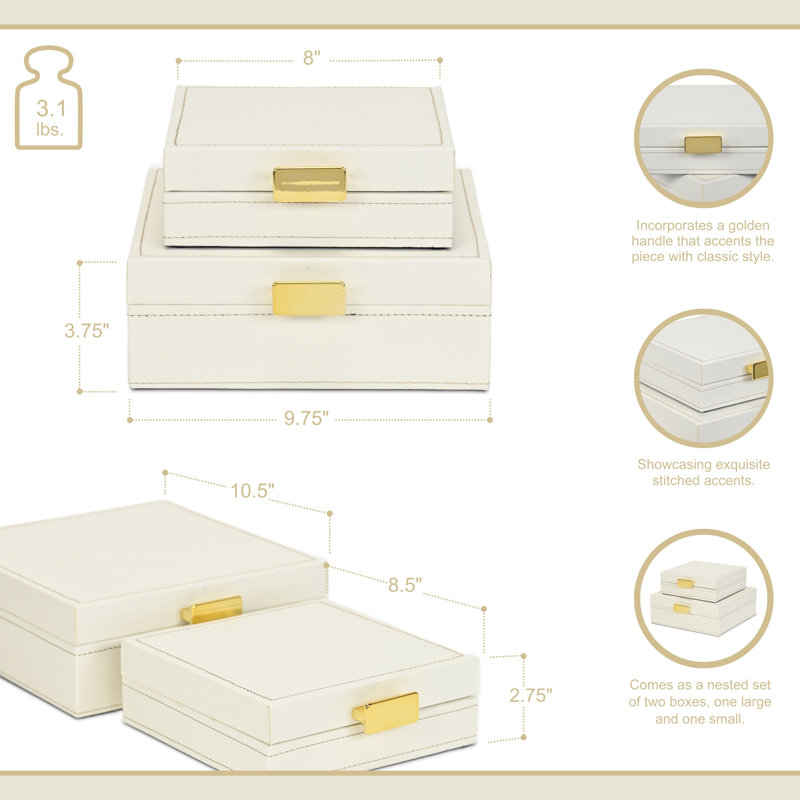 Ensemble de 2 boîtes avec accents cousus et poignées dorées Lithos, Blanc