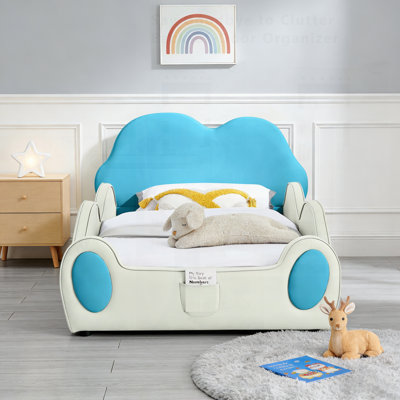 Joli lit pour enfant en similicuir en forme de nuage avec garde-corps, lit pour tout-petits sécuritaire avec dessin beige et gris et poche de rangement
