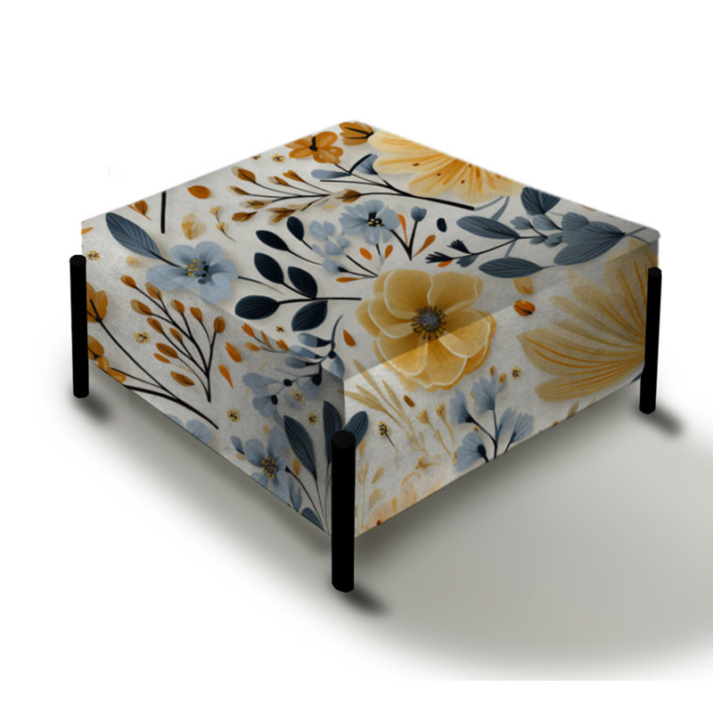 Grand repose-pieds carré floral jaune et bleu à motif floral Harmony Fusion