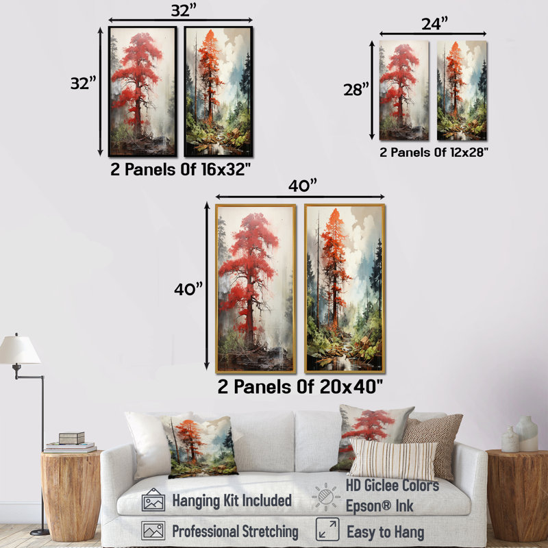 «Forest Redwood Tree Charm», ensemble de 2 reproductions d'art mural, Toile tendue, H 32 po x l 33 po