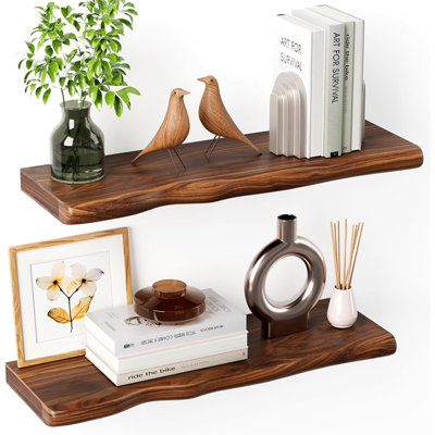 Rustic Farmhouse Floating Wall Shelf, Live Edge Pine Wood, Walnut, For Bathroom, Kitchen, Living Room & Bedroom