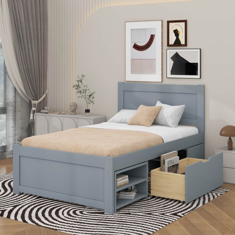 Lit plateforme double avec tiroir, Gris