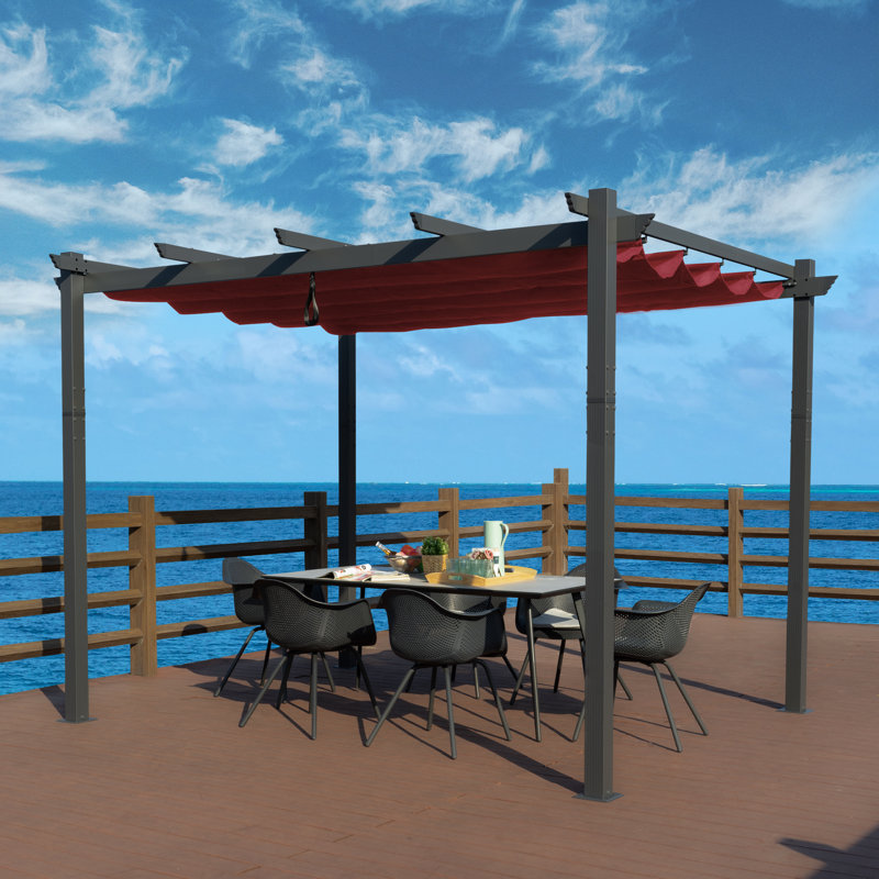 Burgundy Aluminum Outdoor Pergola with Retractable Canopy, 10 ft. x 10 ft.