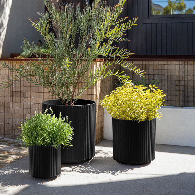 Demi Series Fluted Round Pot Planter (Set of 3), Black