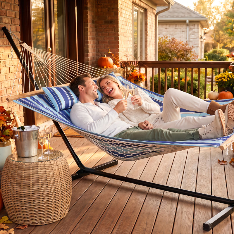 Mejias 2 Person Spreader Bar Hammock, Blue Striped