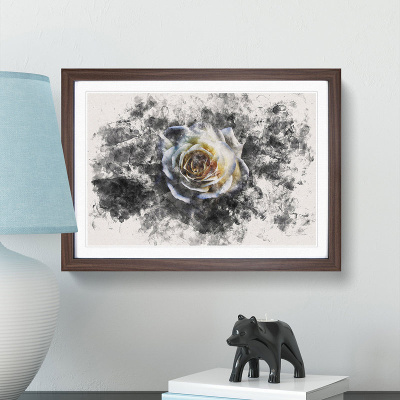A Crisp White Rose Watercolour - Picture Frame Graphic Art Print, 45cm H x 63cm W x 2cm D, Walnut Framed