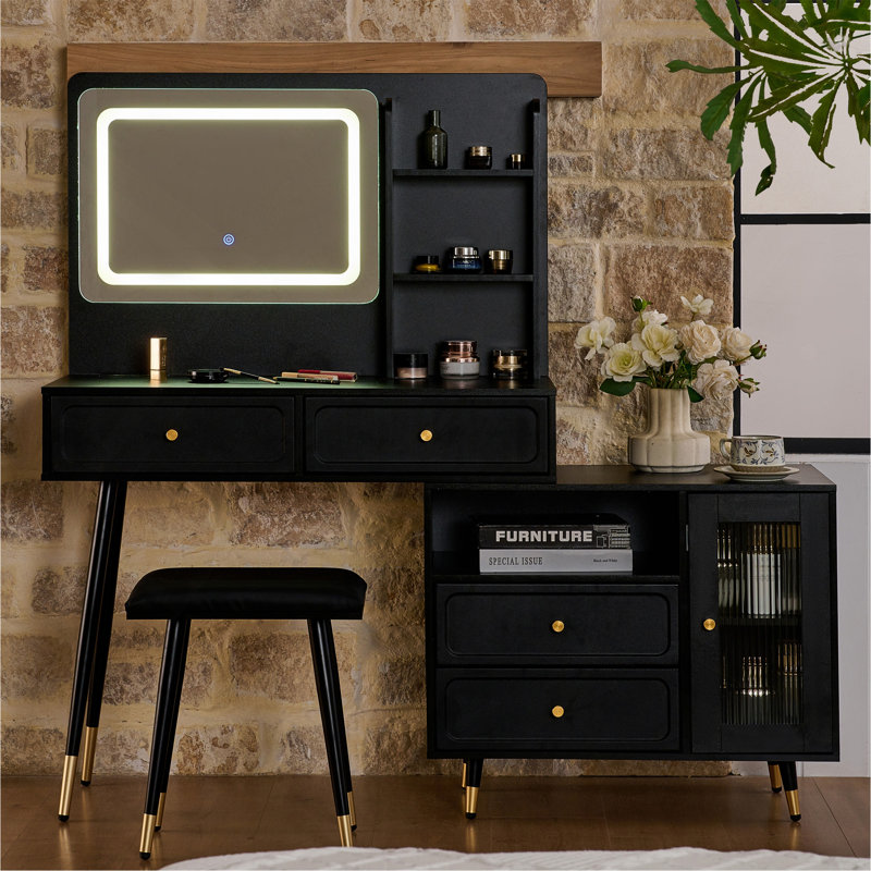 Modern Makeup Vanity Desk With Mirror And Lights, Retractable Dressing Table With Drawers And Cabinet, Compact Makeup Table Set With Power Outlet For Bedroom, Black