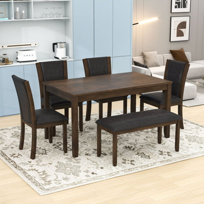 Ensemble de table de salle à manger 6 pièces avec table, banc rembourré et 4 chaises rembourrées pour la salle à manger