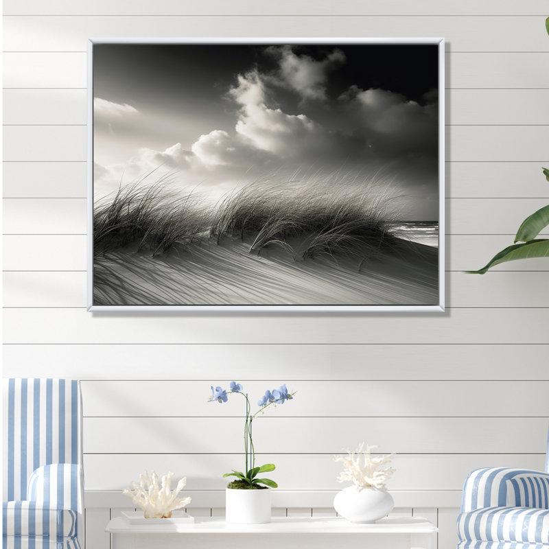 «Black and White Beach Sand Grass Senery», reproduction sur toile, H 12 po x l 20 po x P 1 po, Cadre flottant blanc