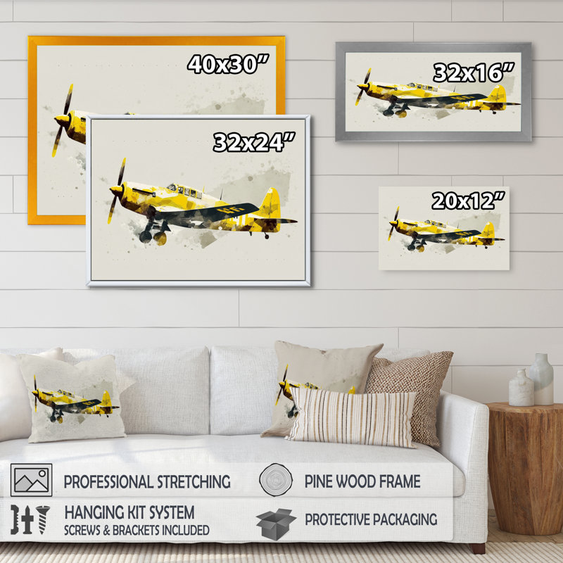 Propeller Plane Design - Transport sur toile, art mural, H 30 po x l 40 po, Encadrement doré