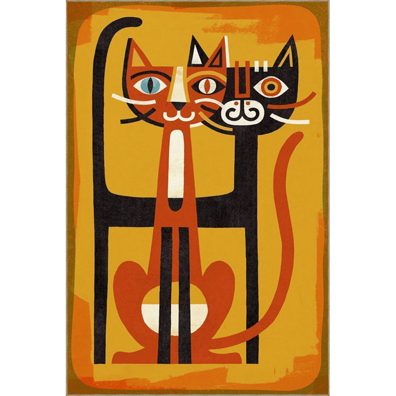 Tapis lavable décoratif moderne à motif de chat abstrait jaune, Sous-tapis rectangulaire de 3 pi 3 po x 4 pi 11 po