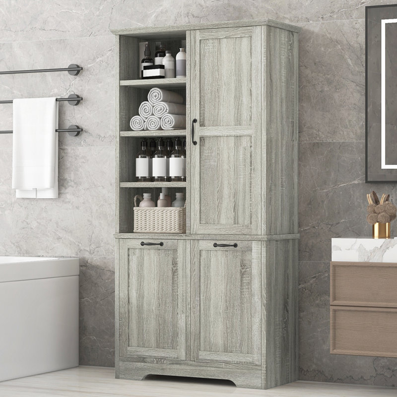 Armoire de rangement de salle de bain avec portes et tiroirs, panier à linge inclinable, Gris