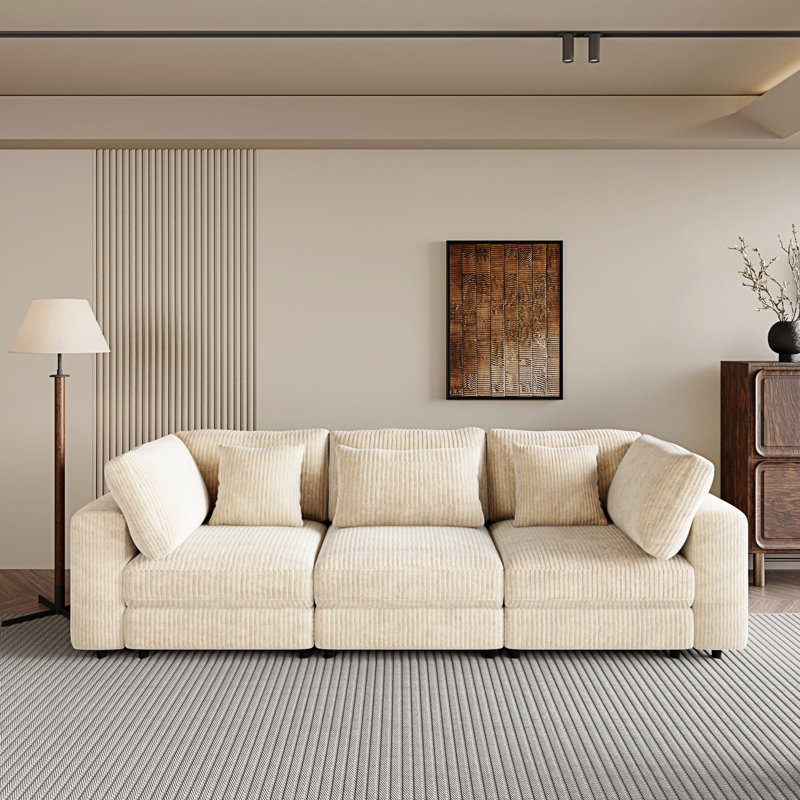 Canapé contemporain à 3 places avec coussins de dossier amovibles et 5 coussins, Beige