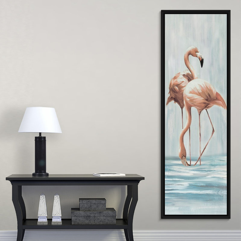 « flamant rose vii », peinture sur toile, H 61,7 po x l 21,7 po x p 1,75 po, Cadre flottant noir