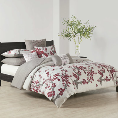 Parure de lit Fleur de cerisier Queen - 100 % coton, motif floral, grande taille, housse de couette facile d'entretien, motif Mini Blossom, drapé impeccable, taies d'oreiller incluses