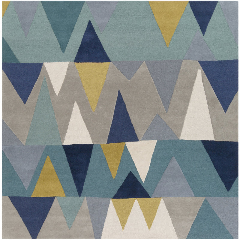 Sandin Geometric Hand-Tufted Wool Teal/Navy/Yellow/Gray Area Rug, Square 8'