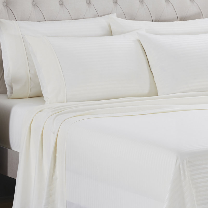 6 Piece Embossed Dobby Stripe Sheet Set, Deluxe Ultra Soft 1500 Series, Double Brushed Microfiber, Beige Striped
