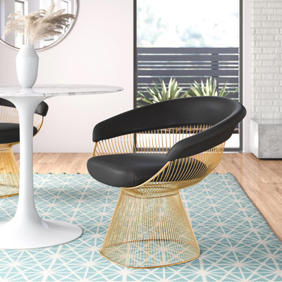 Pangea Home Fern Modern Black Faux Vegan Leather Accent Chair with Gold Metal Wire Base – Contemporary Armchair for Living Room or Dining Space