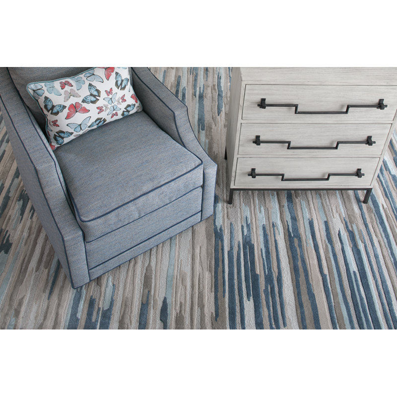 Hand-Tufted Indoor Rug Abstract Stripe Blue/Ivory/Tan, Rectangle 8' x 10'