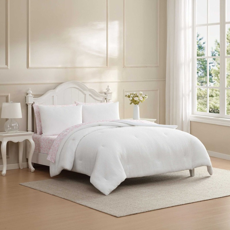 Ensemble d'édredon réversible blanc uni Laura Ashley Waffle, Édredon simple TG et 4 pièces supplémentaires