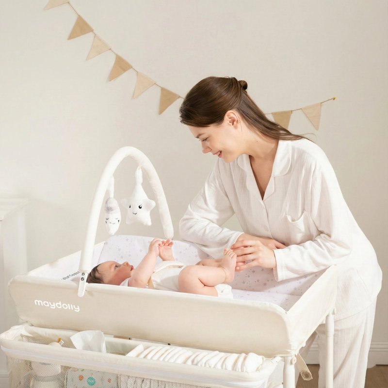 Maydolly Baby Changing Table with Storage Drawers and Waterproof Changing Topper Lockable Wheels, Beige