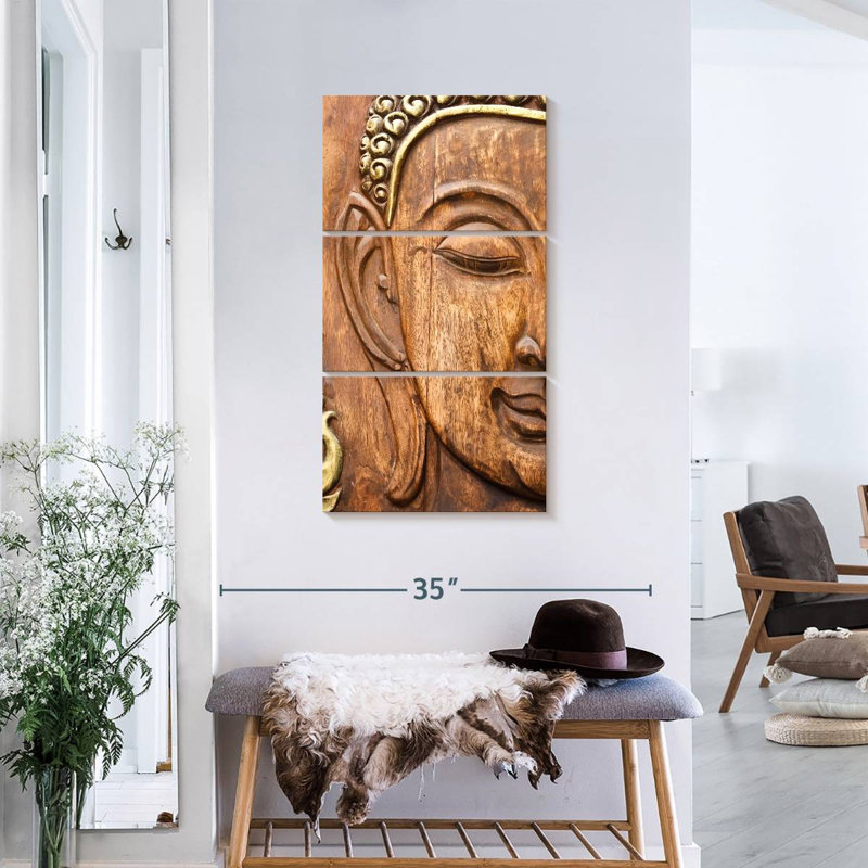 Bouddha en bois sculpté 3 pièces, H 38 po x l 18 po x P 1,25 po