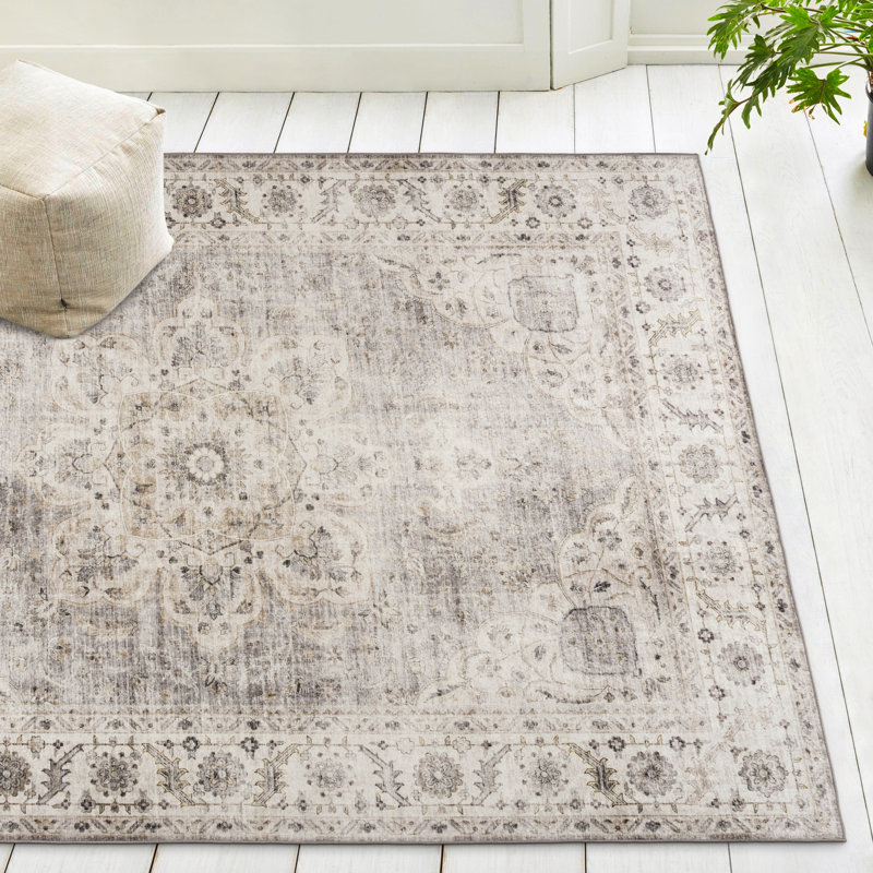 Lefkothea Joy Vintage Machine Washable Area Rug, Rectangle 5' x 7', Beige Ivory
