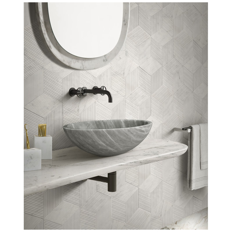 Carrara Gray Natural Marble Bathroom Vessel Sink - Semi-Polished Surface Luxury Countertop Mounted Basin with Unique Veining