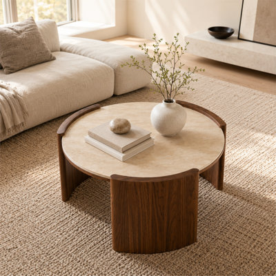 Modern Round Sintered Stone Coffee Table with Walnut Slab Legs