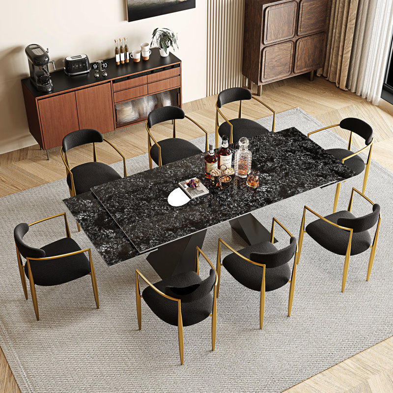 9-Piece Modern 110.24'' Extendable Sintered Stone Dining Table Set With 8 Upholstered Fabric Arm Chairs, Black/Gold