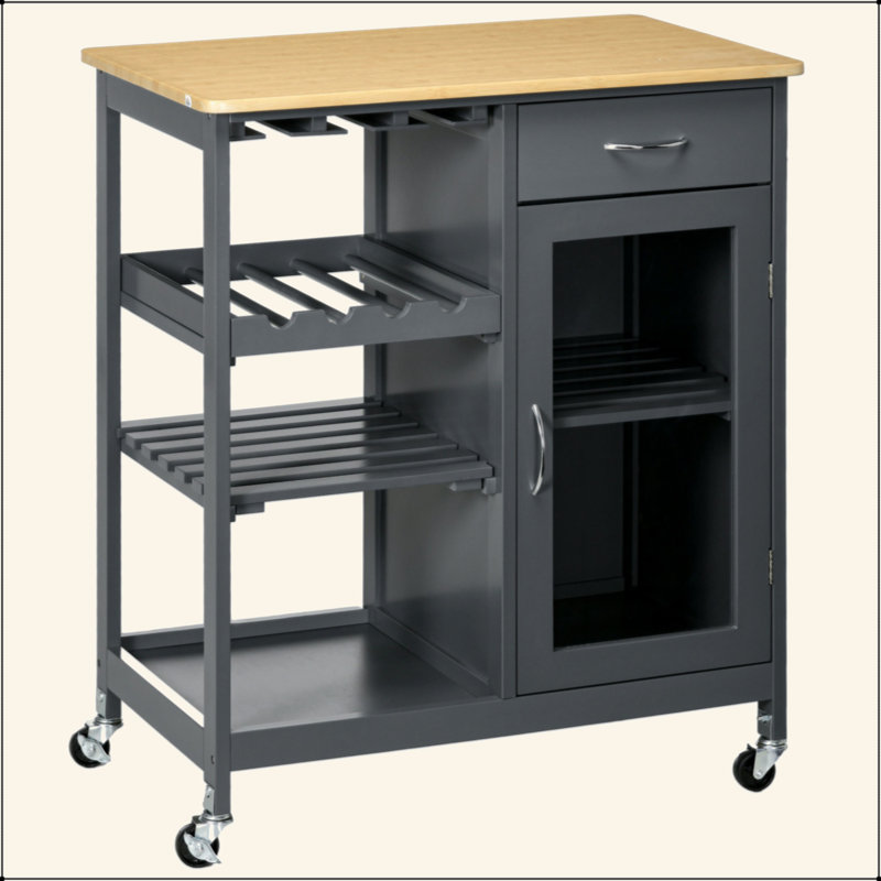 Îlot de cuisine roulant avec rangement, chariot de cuisine avec support à vin pour 4 bouteilles, chariot de bar avec porte-verres à pied, tablettes, tiroir et armoire
