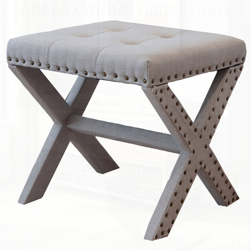 Tabouret d'appoint, chaise capitonnée en lin avec assise en bois à piètement en X et garniture cloutée, pour intérieurs modernes et classiques