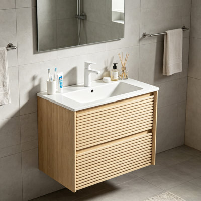 24 Inch Pre-Assembled Floating Bathroom Vanity, Corolla Oak Woodgrain Plywood Cabinet With Drawers And White Ceramic Basin, Sink Cabinet Without Faucet