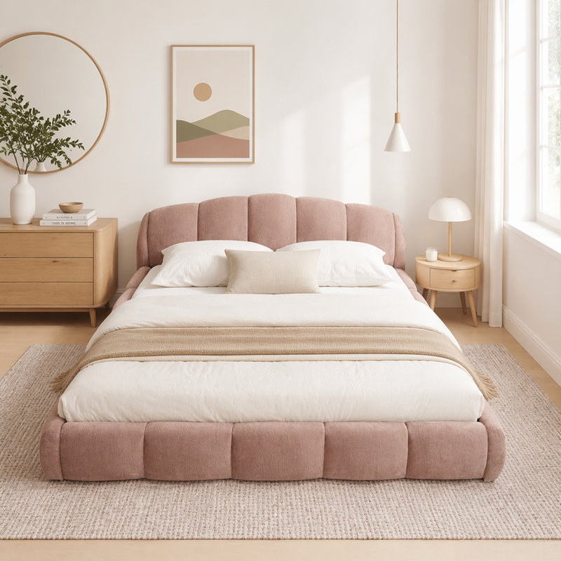 Élégante base de lit tapissier en chenille élégante, tête de lit épaisse incurvée, pied de lit enveloppé, profil bas, aucun sommier tapissier requis, assemblage facile