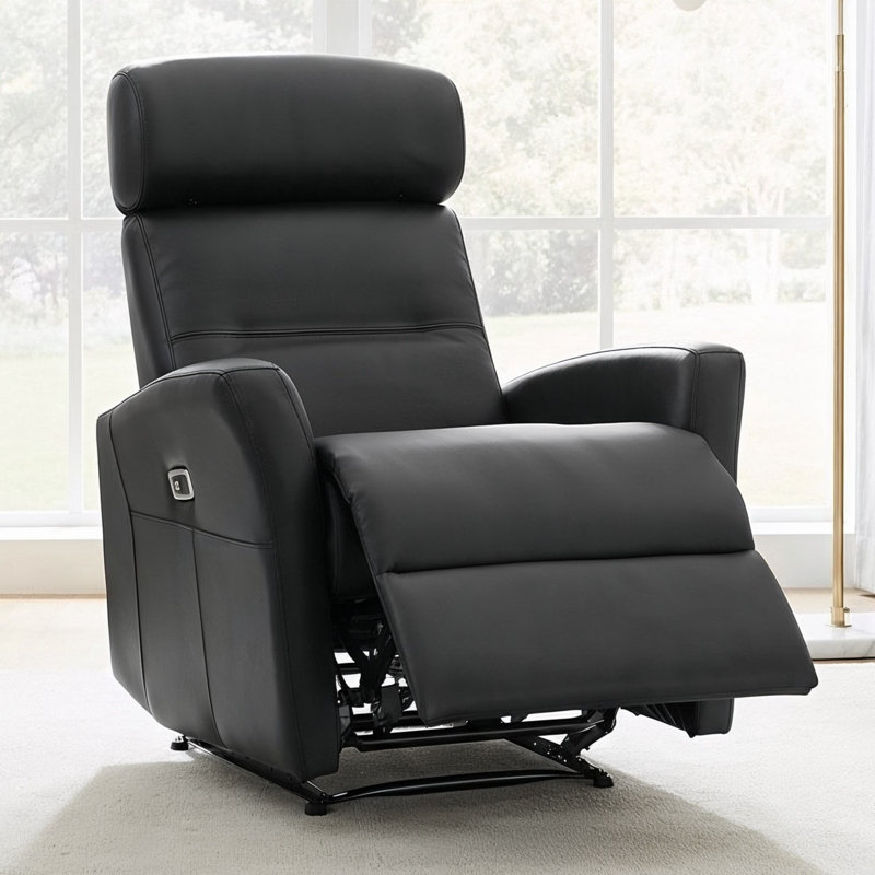 29" Wide Top Grain Leather Power Recliner with Adjustable Headrest and USB Charging, Black