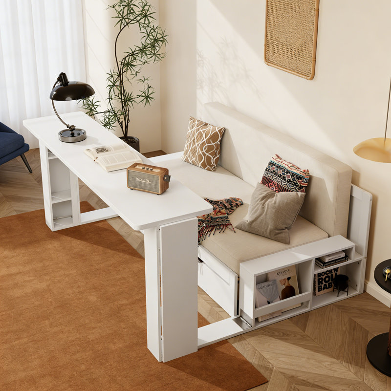 Multifunctional Daybed with Removable Desk, Storage Drawers & Hydraulic Side Table, Space-Saving Sofa Bed Frame, White, Full