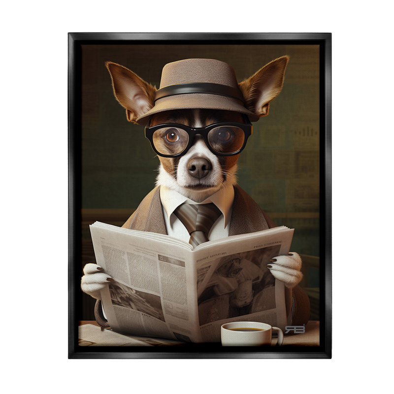 " Classy Dog With Newspaper " by RB, Jet Black Floater Frame, 21" H x 17" W