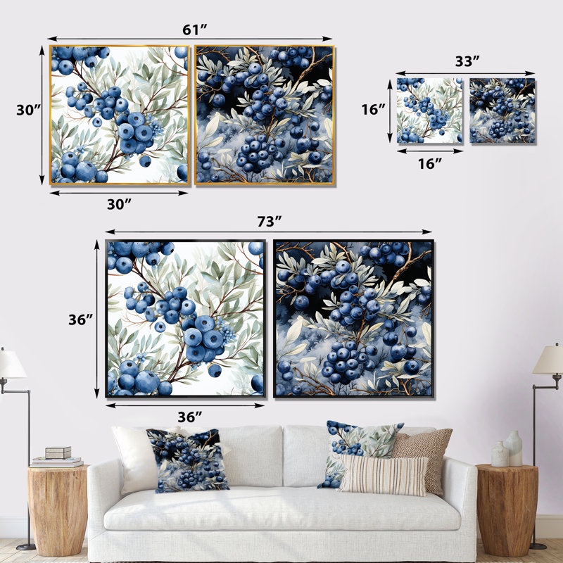 Winter Berry Blueberry Grove I - Fruits Wall Art Prints Set Of 2, 36" H x 73" W x 1.5" D, Wrapped Canvas