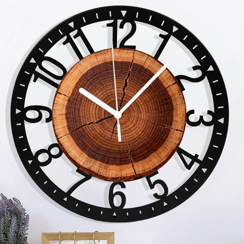Horloge murale ronde en fer 10 po avec mouvement à quartz silencieux, chiffres arabes, impression UV, Chêne