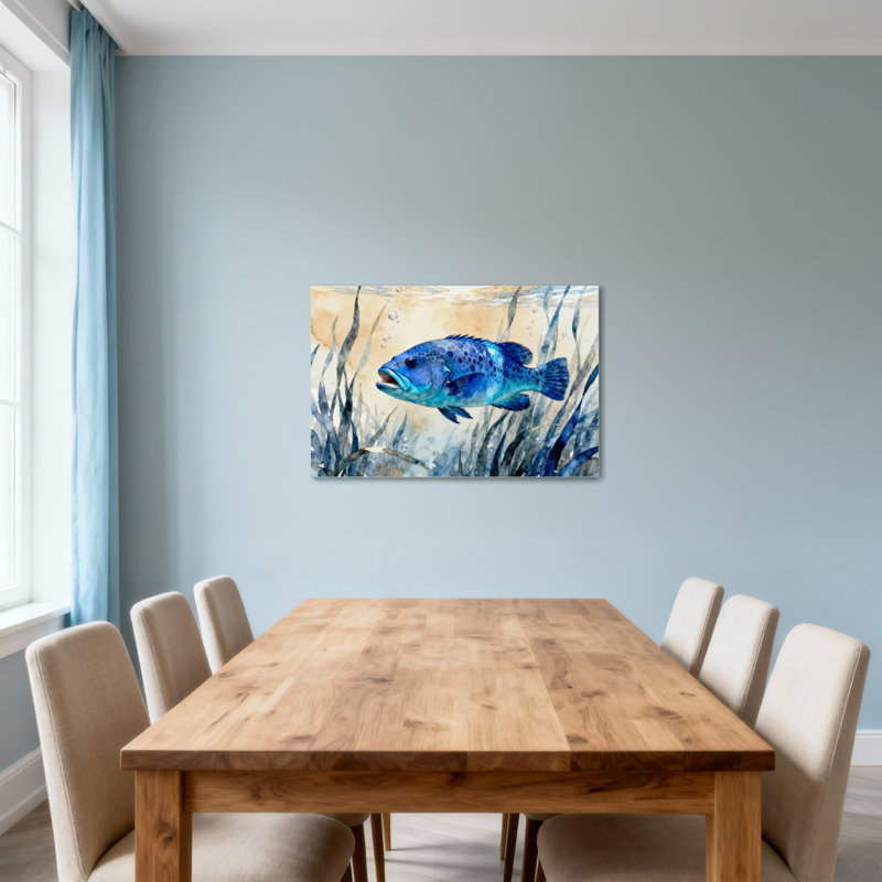 Animals Blue Fish Swimming Among Seaweed Underwater Scene, 12" H x 18" W