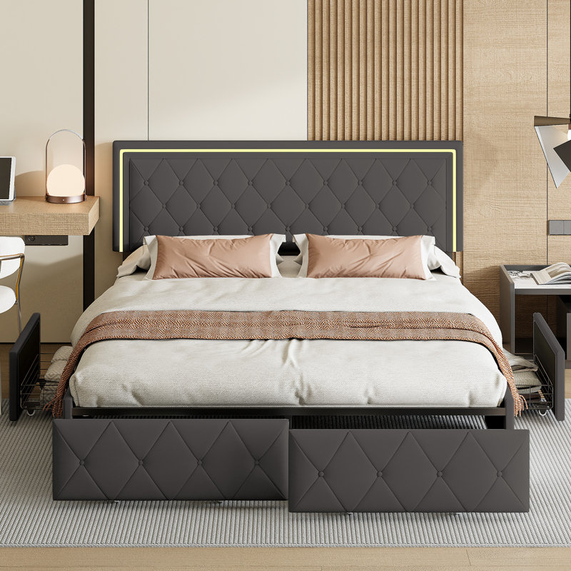 Upholstered Storage Bed, European Double (140 x 200 cm), Grey