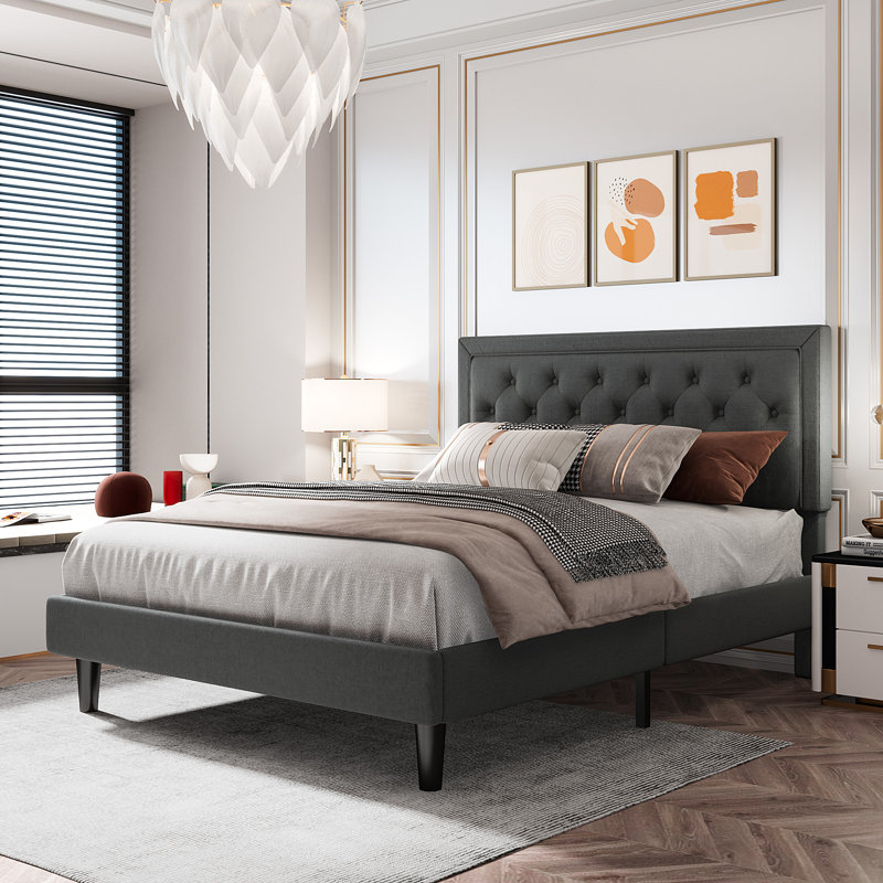 Upholstered Platform Bed with Diamond Pattern Headboard, No Box Spring Needed, Queen, Dark Gray