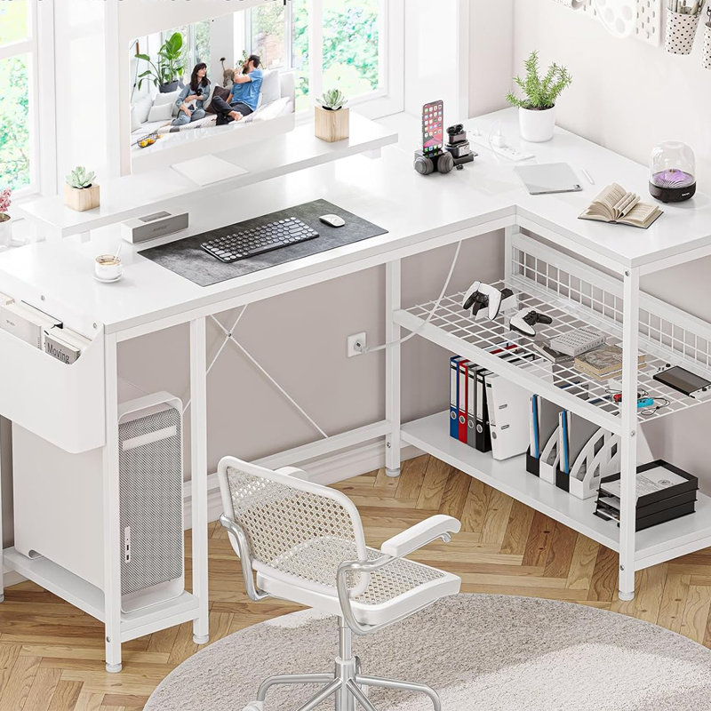 Yessenia L Shaped Computer Desk with Power Outlet & LED Light, White